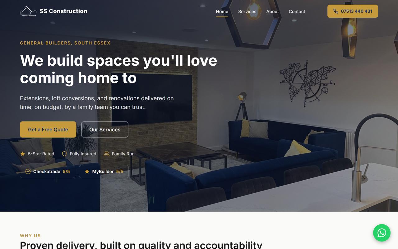 SS Construction website — general builders in Grays, Essex