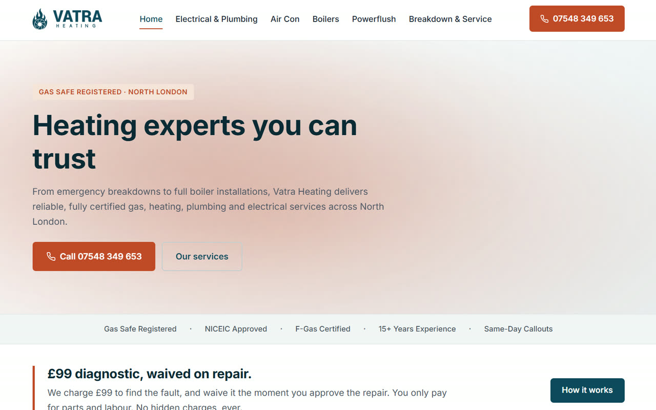 Screenshot of Vatra Heating website homepage